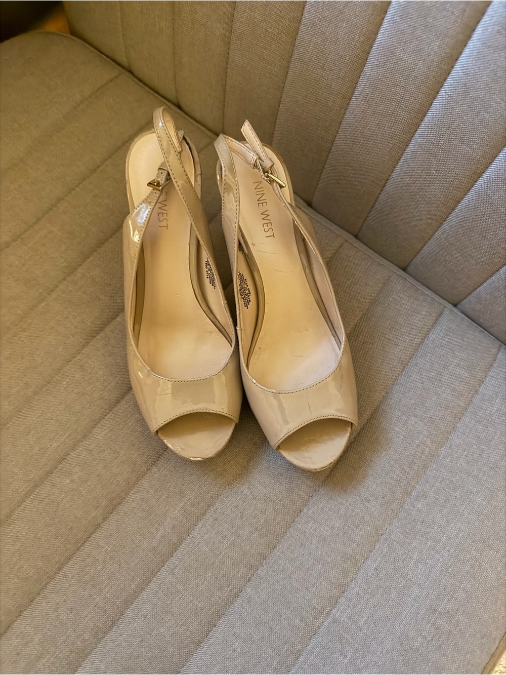 Nine West Nude Patent Peep-Toe Slingback Wedges